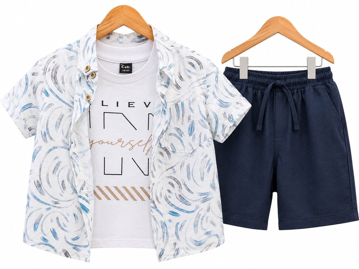 Boys’ 3-Piece Abstract Print Shirt, Graphic T-Shirt & Shorts Set – Navy & Olive