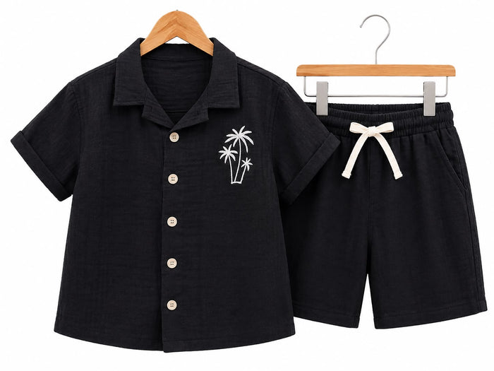 Boys’ Palm Embroidered Shirt & Shorts Set – Black & Sage Green