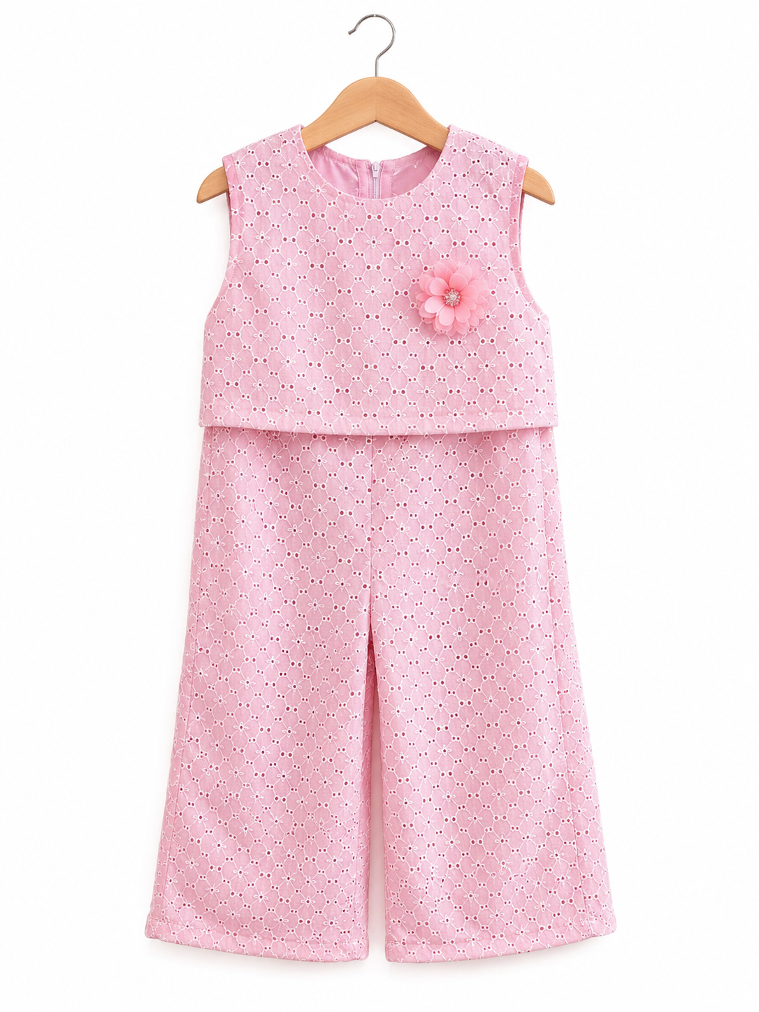 Girls’ Pink Eyelet Lace Wide-Leg Jumpsuit with Floral Detail