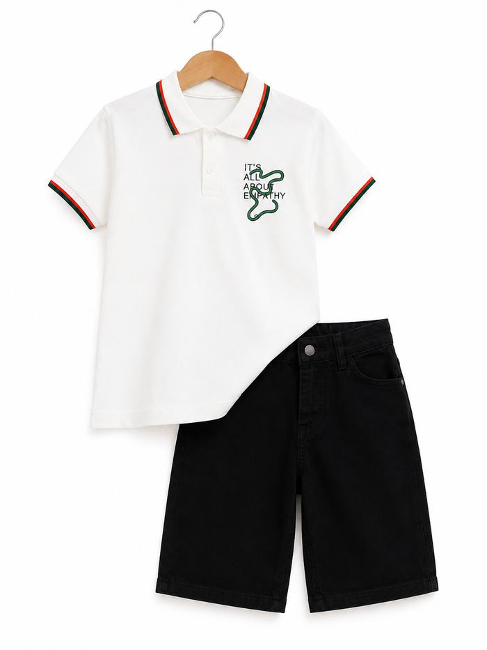 Boys’ White Polo Shirt & Black Denim Shorts Set