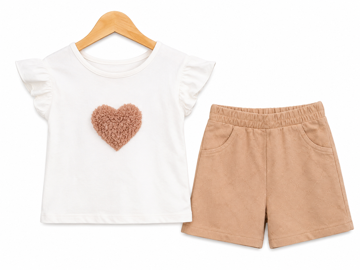 Girls’ Heart Appliqué Ruffle Top & Beige Shorts Set