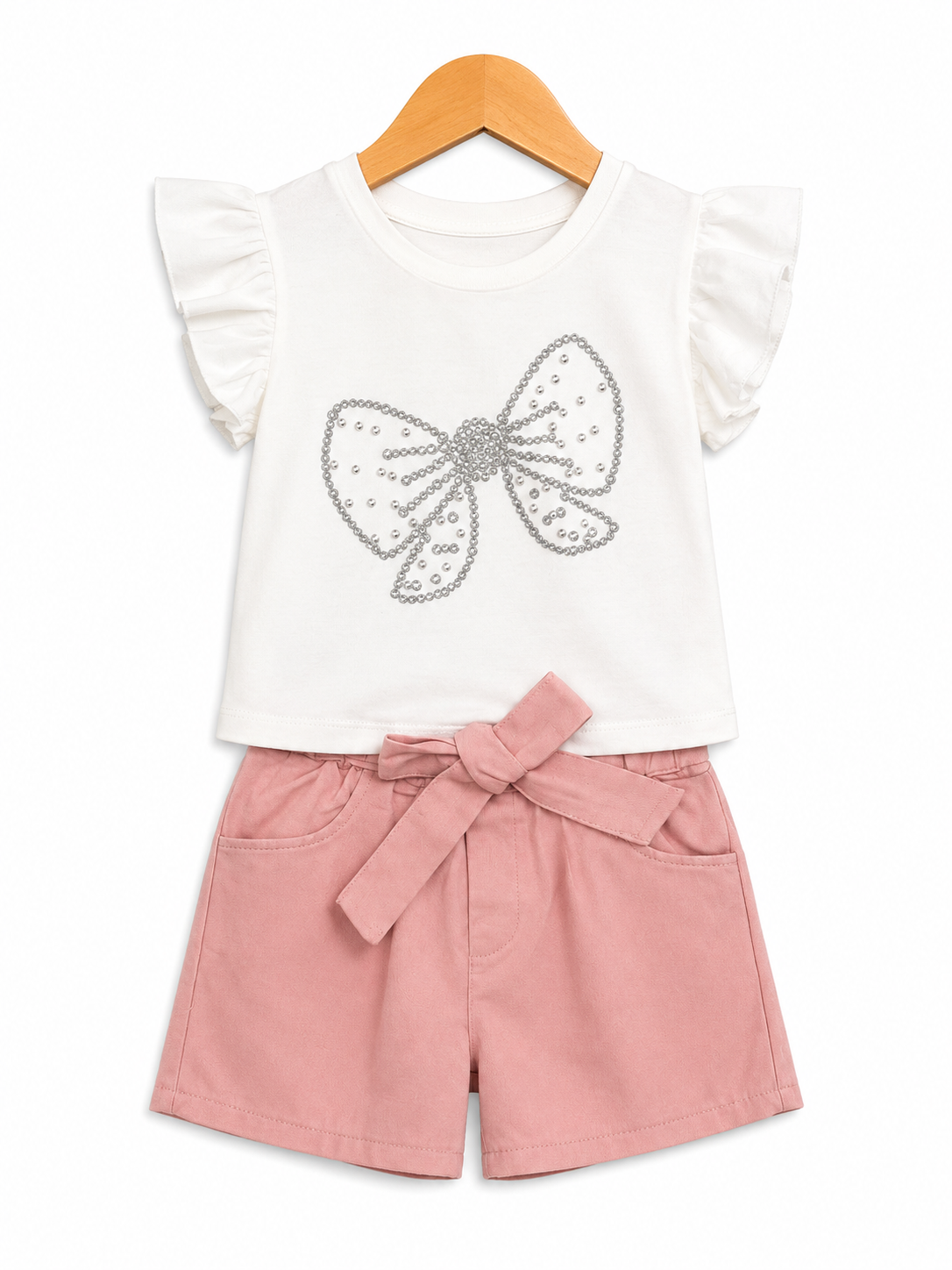 Girls’ Rhinestone Bow Ruffle Top & Pink Belted Shorts Set