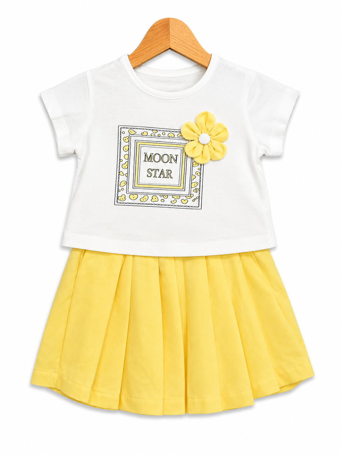 Girls’ Moon Star Flower Top & Yellow Pleated Skirt Set
