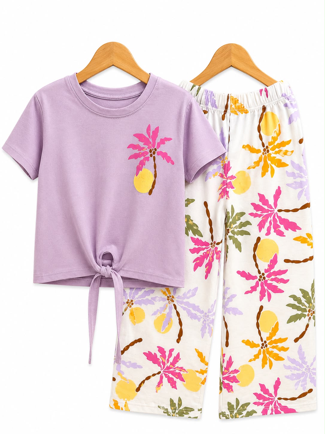 Girls’ Mint Green/Purple Tropical Print Top & Wide-Leg Pants Set