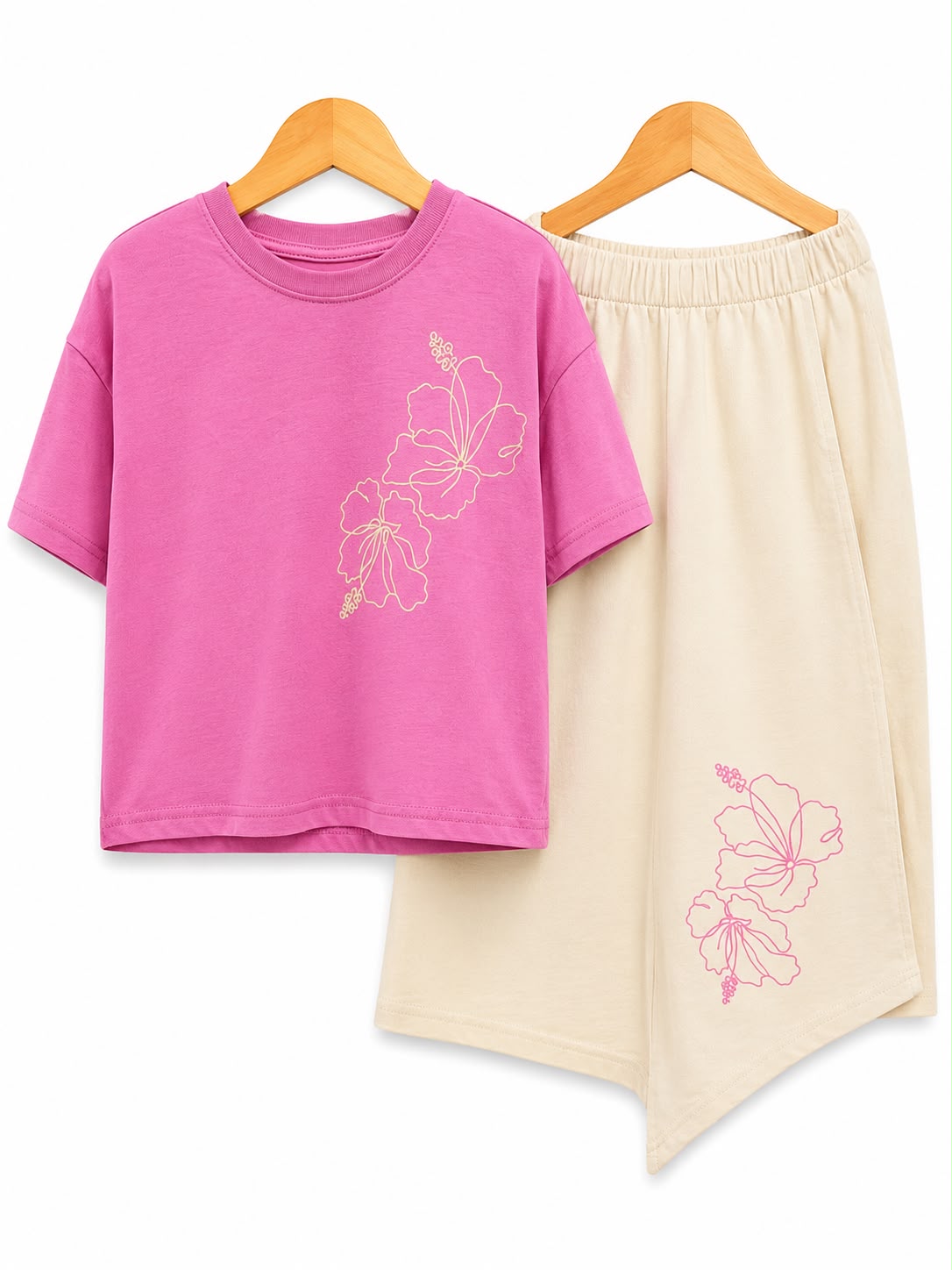Girls’ Pink Floral T-Shirt & Cream Wide-Leg Pants Set