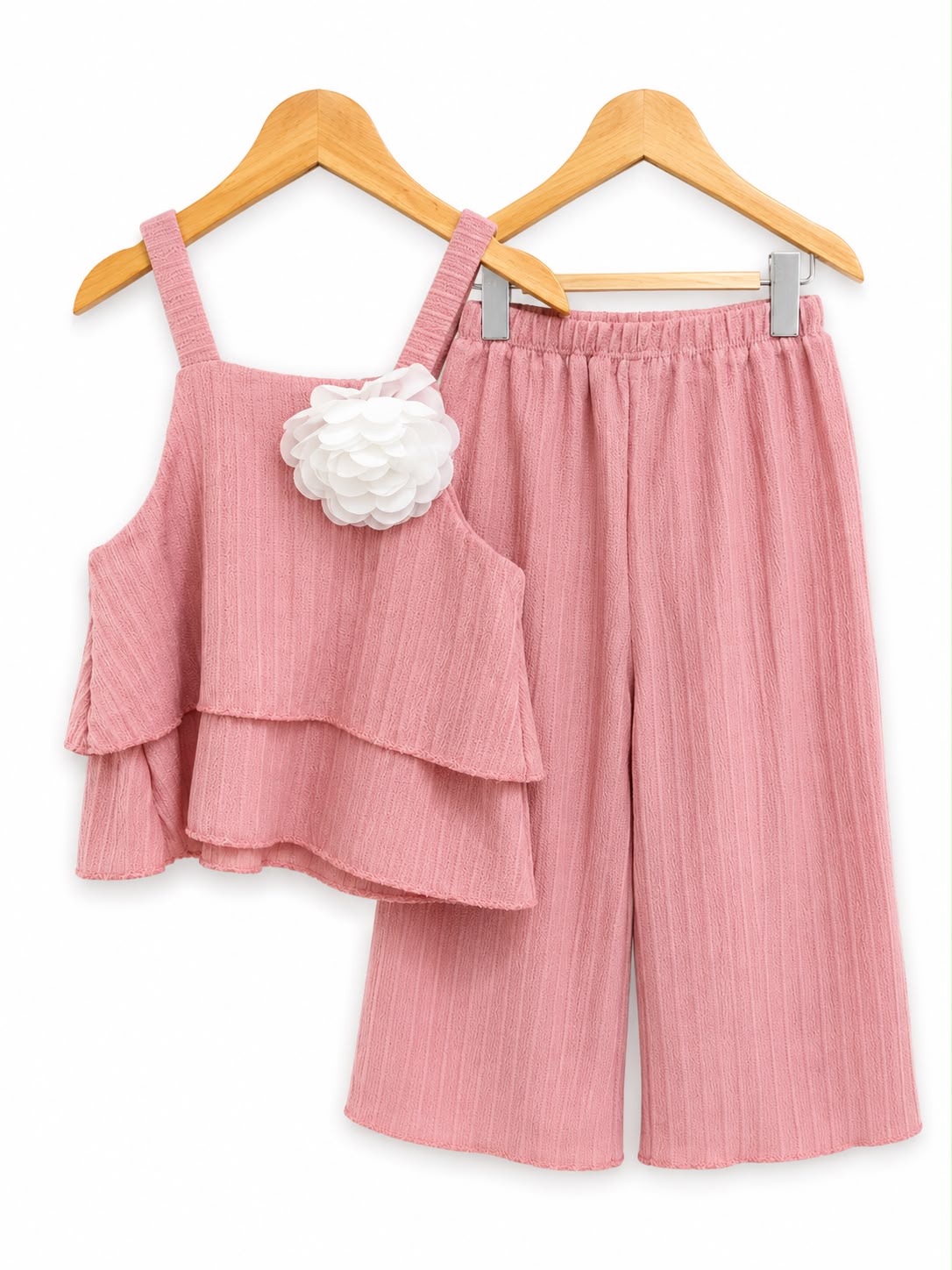 Girls’ Dusty Pink Ruffle Top & Wide-Leg Pants Set