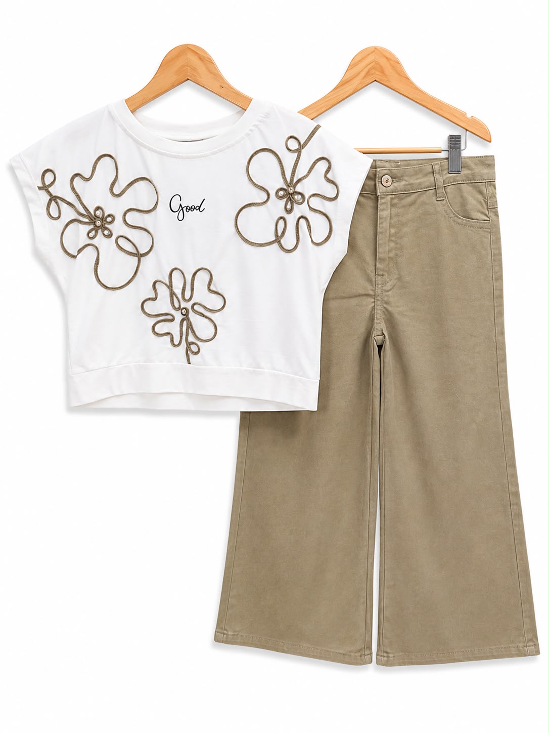 Girls’ White Floral Detail Top & Khaki Wide-Leg Pants Set
