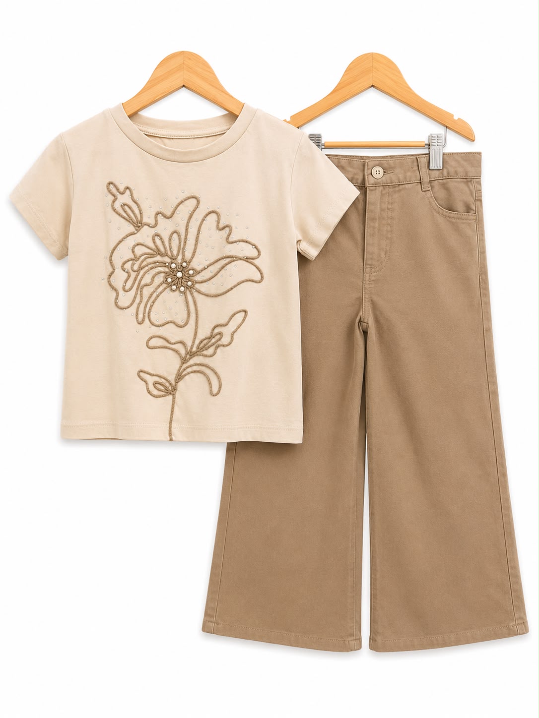 Girls’ Beige Embellished Floral T-Shirt & Brown Wide-Leg Pants Set