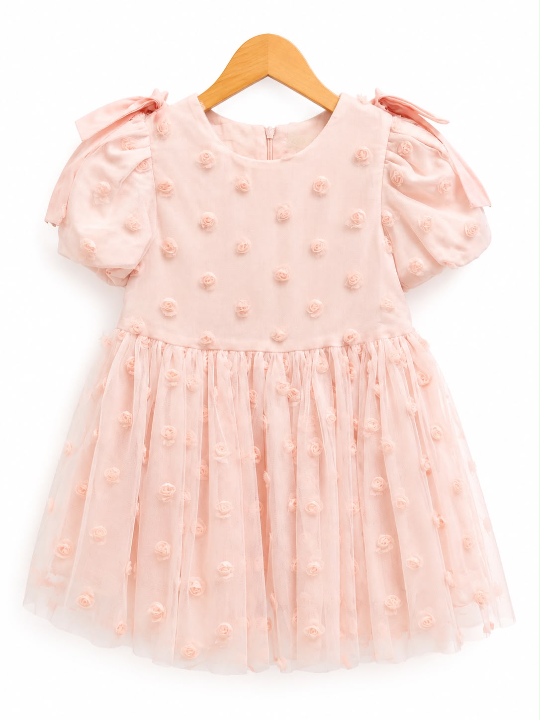 Girls’ Blush Pink 3D Rose Tulle Party Dress
