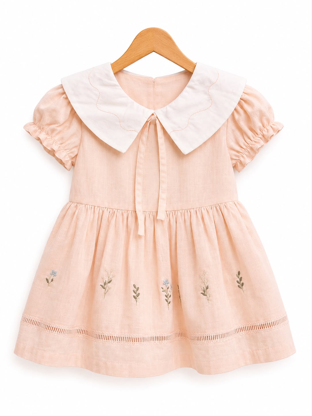 Girls’ Peach/Onion pink Embroidered Peter Pan Collar Dress