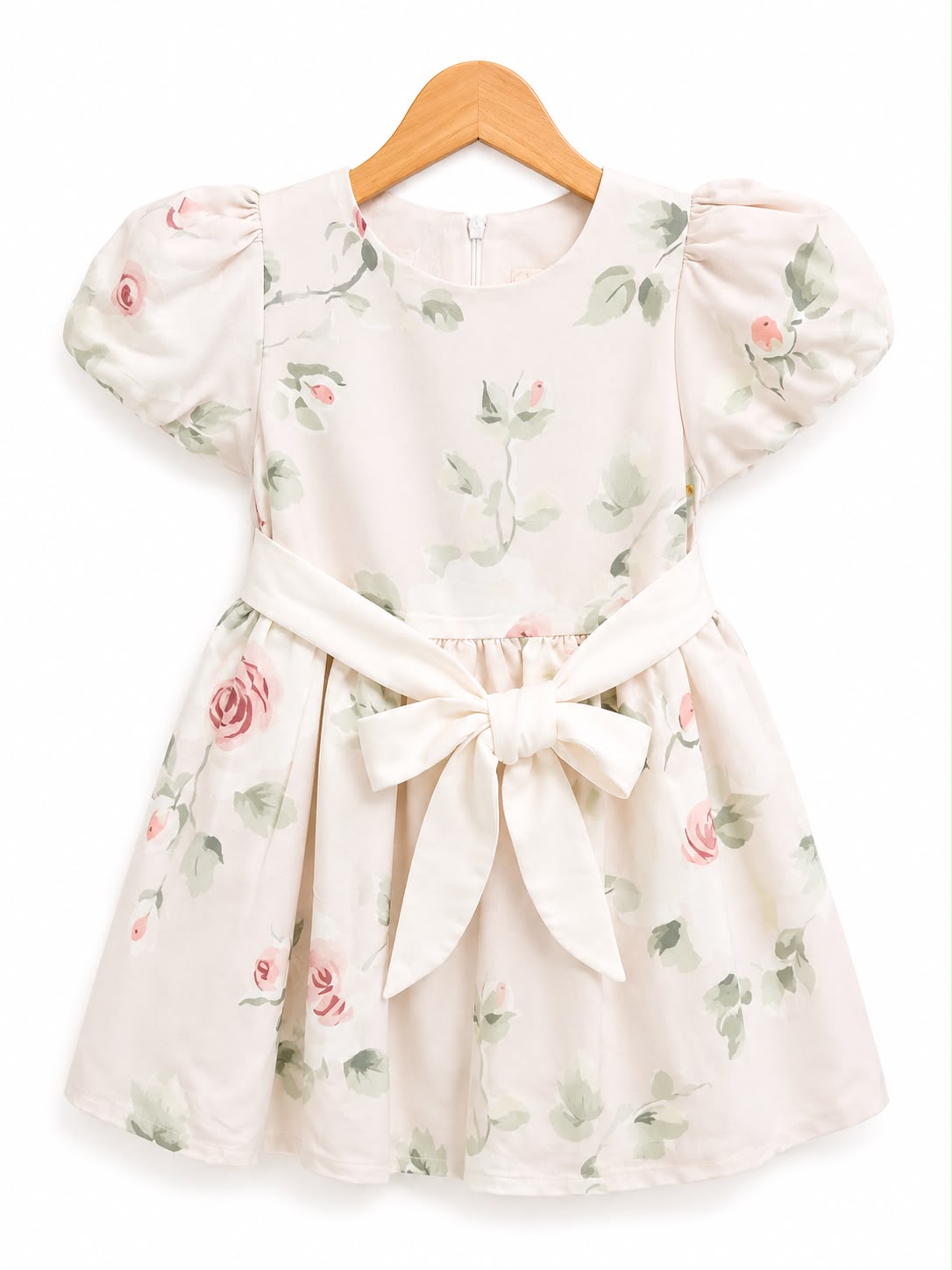Girls’ Ivory Rose Print Puff-Sleeve Bow Dress