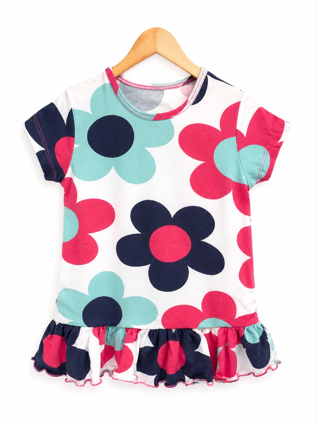 Girls’ Colorful Retro Floral Ruffle-Hem Dress