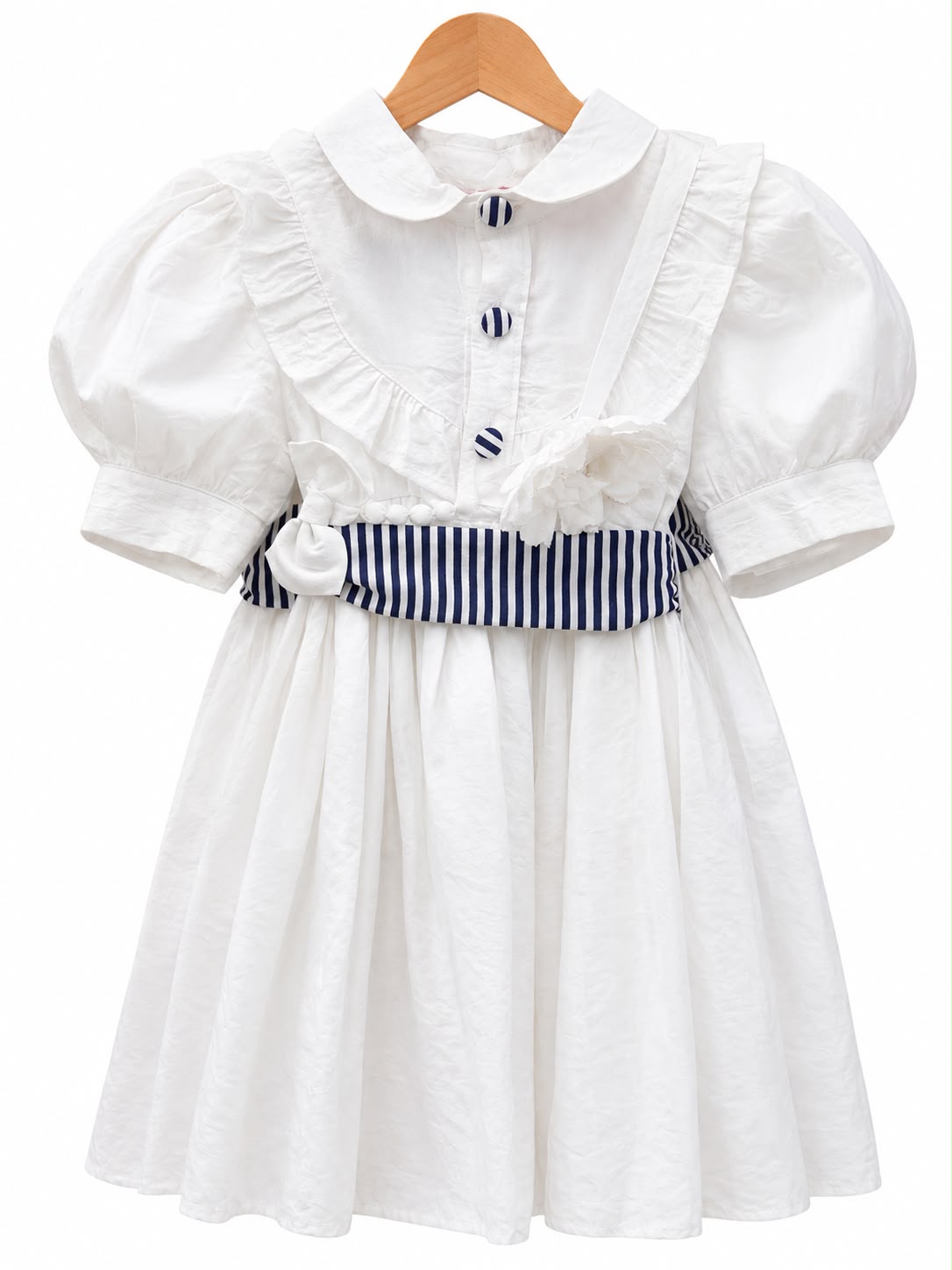 Girls’ White Ruffle Dress with Navy Striped Waist Detail