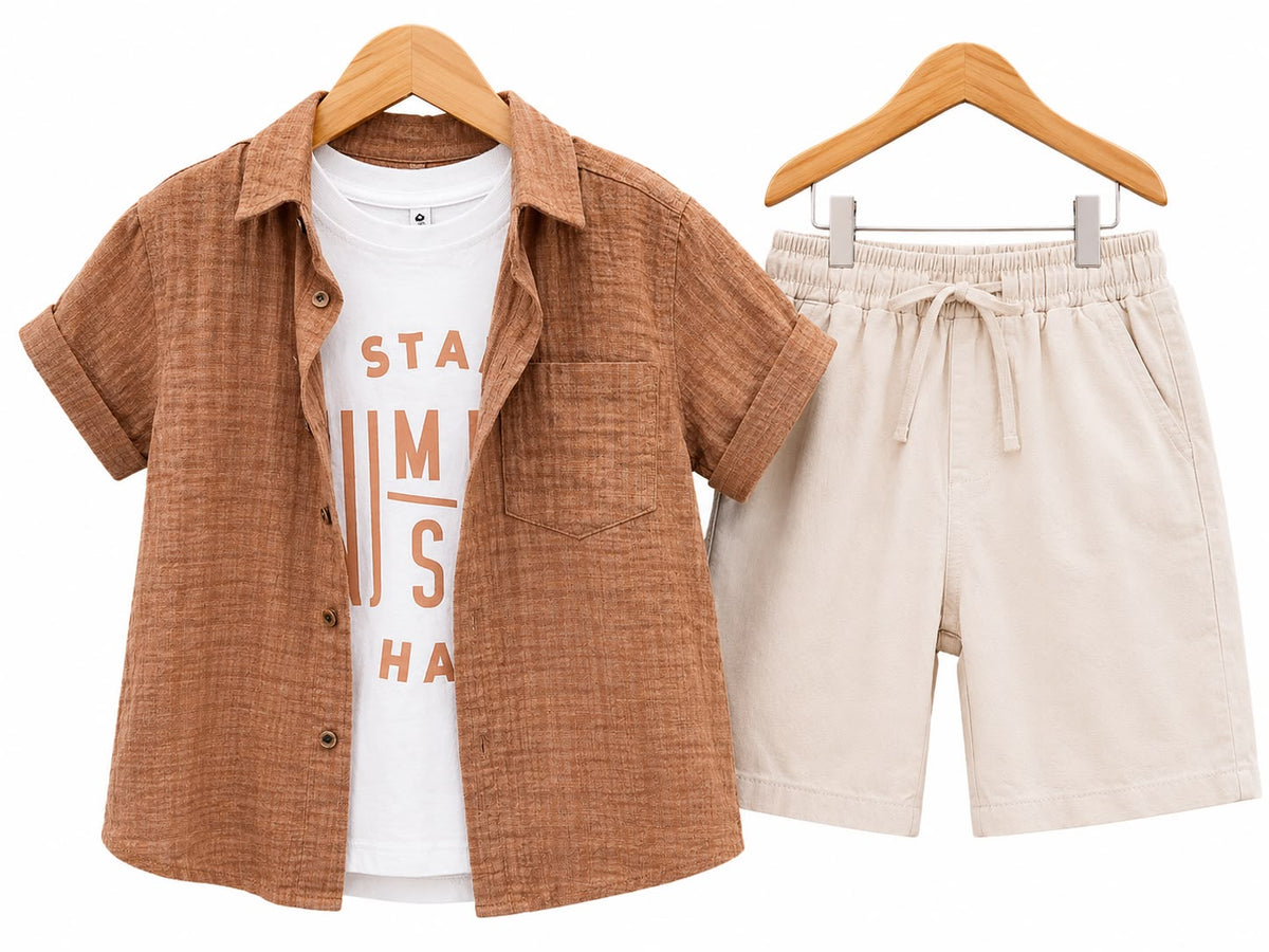 Boys’ 3-Piece Textured Shirt, Graphic T-Shirt & Shorts Set – Brown & Olive