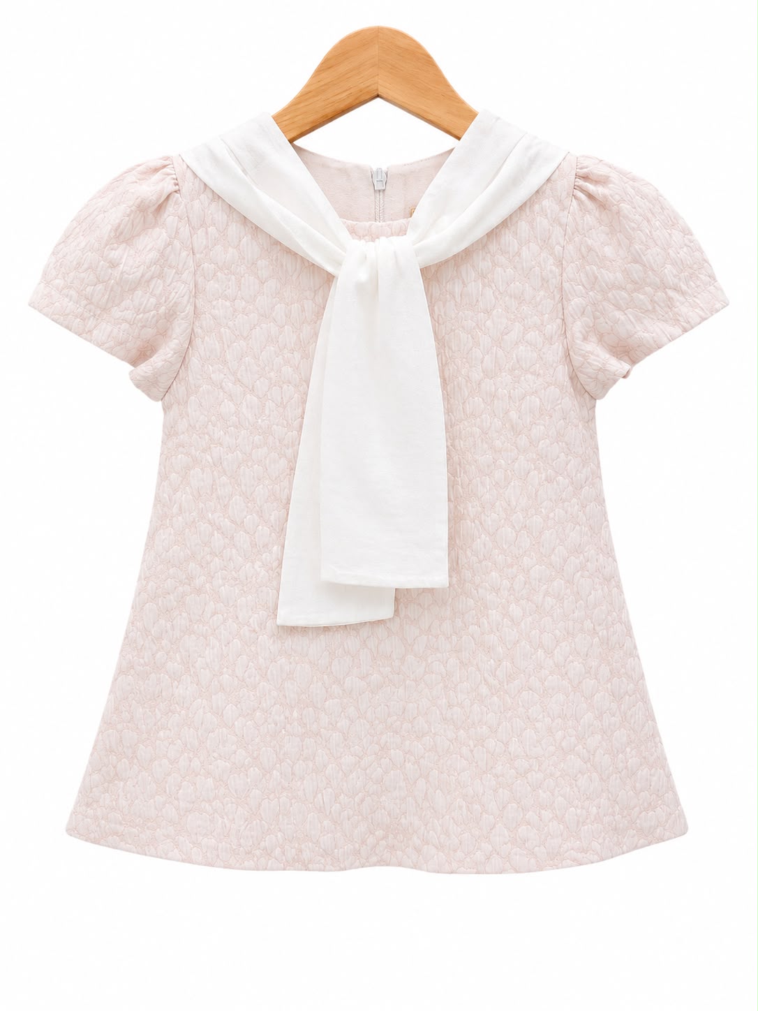 Girls’ Blush Pink Textured Dress with White Sailor Bow Collar