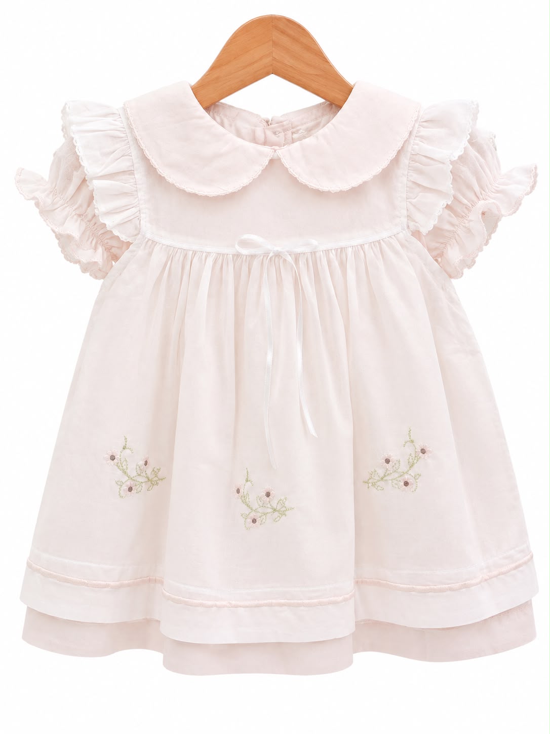 Girls’ Embroidered Ruffle Collar Dress – Pink & Ivory