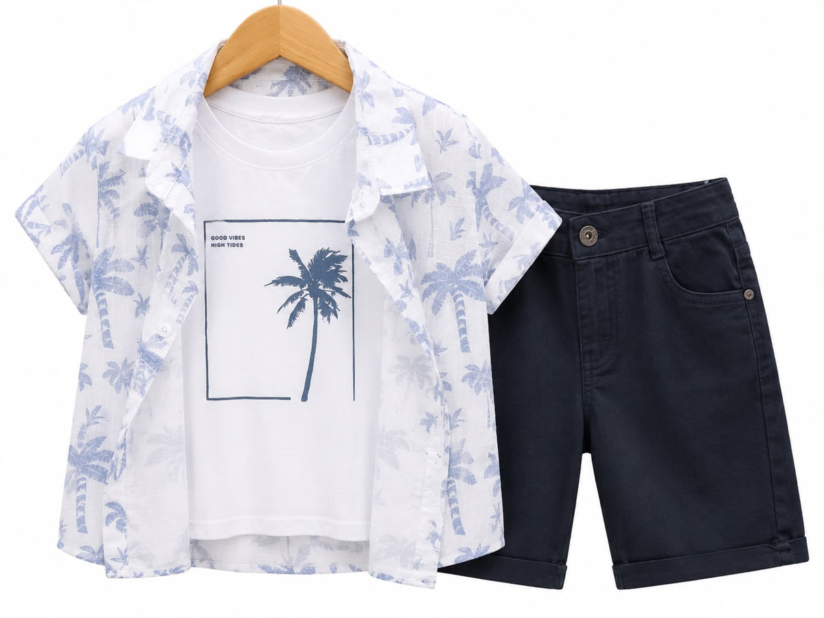 Boys’ 3-Piece Tropical Palm Shirt, T-Shirt & Shorts Set