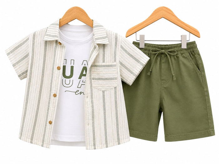 Boys’ 3-Piece Striped Shirt, Graphic T-Shirt & Shorts Set